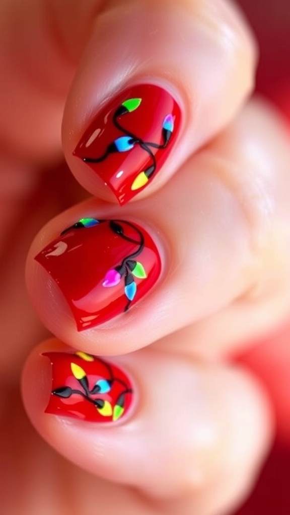 Christmas Lights Nail Art Design Close-up of short nails with Christmas lights nail art on a red base.